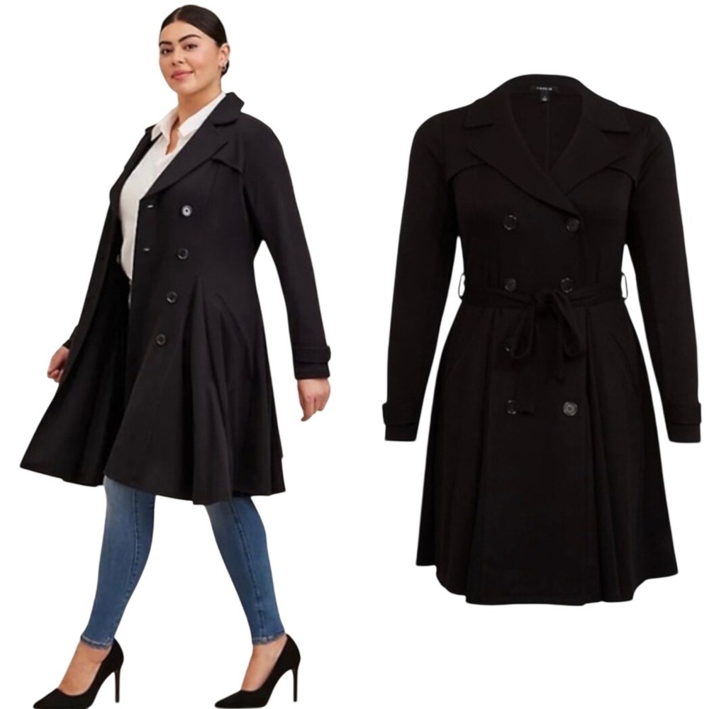 Torrid Trench Coat Women 2 Black Ponte Double Breasted Fit Flare Missing Belt